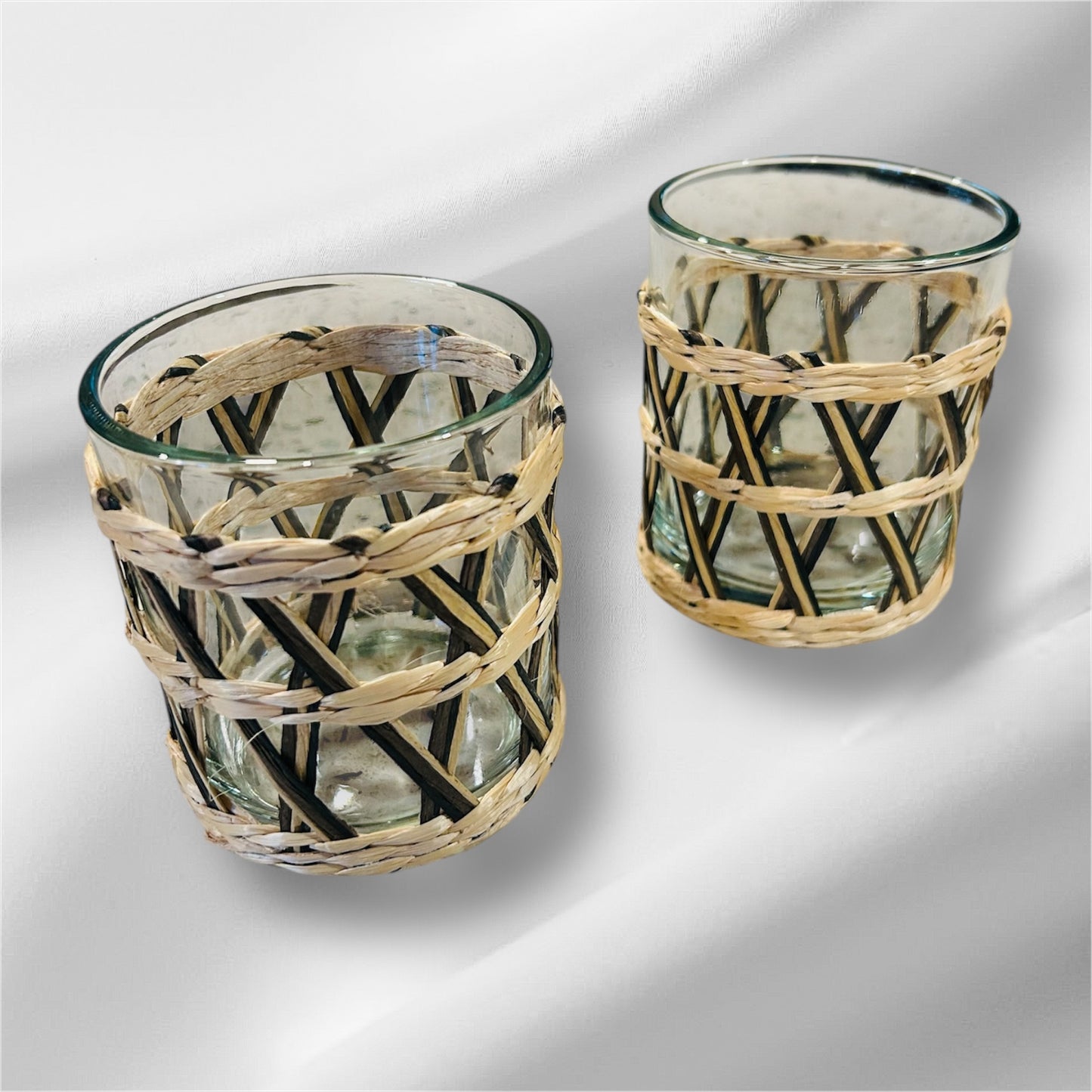 Glass Tumbler Set with Hand-Woven Straw Sleeves