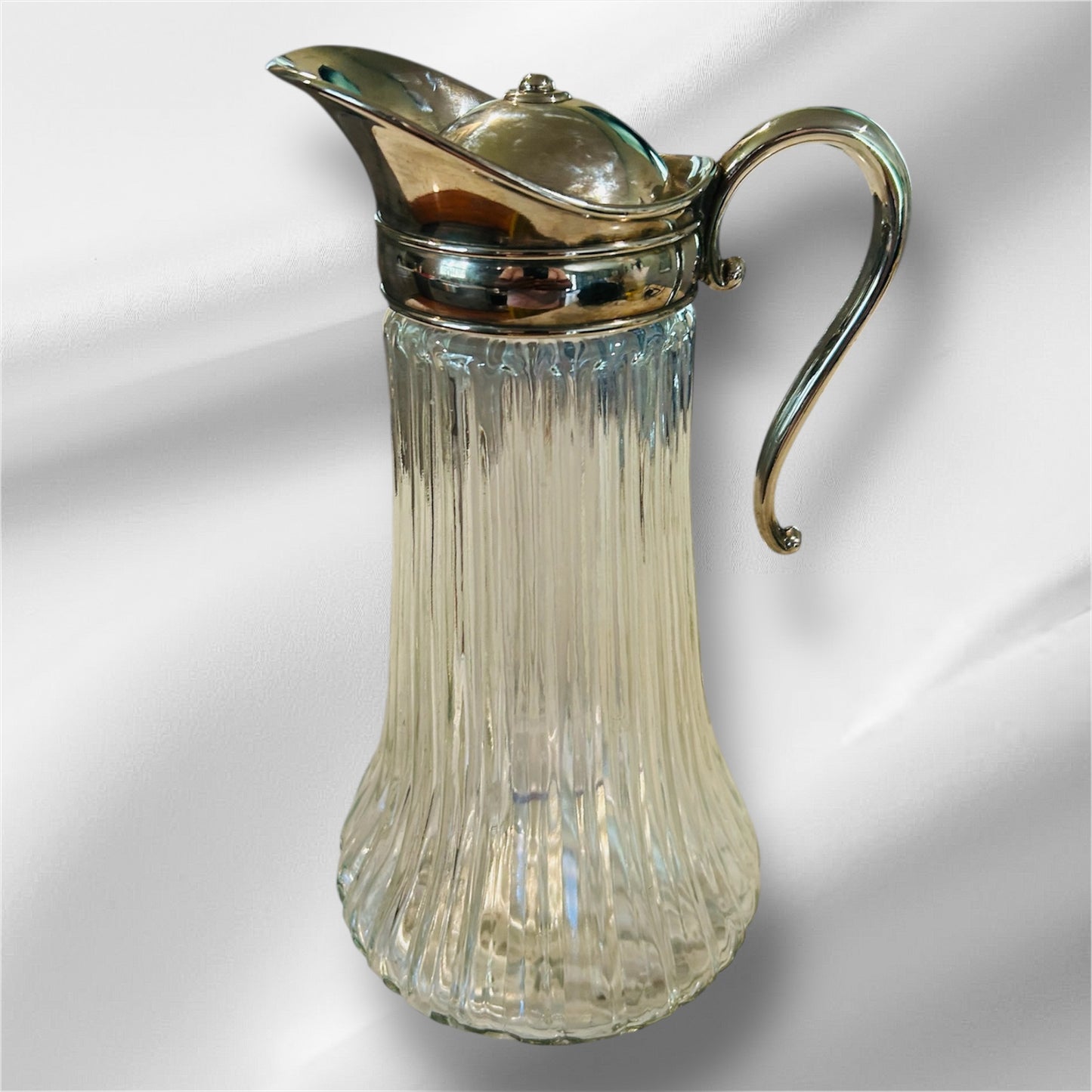 Vintage Ribbed Pressed Glass Pitcher With Ice Chamber & Silver Plated Lid
