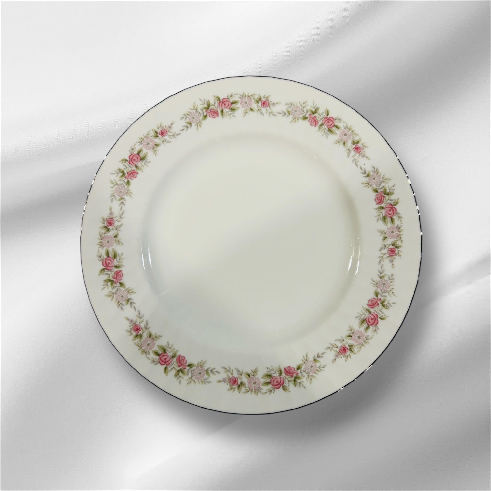 Floral Green Leaves Platinum Trim Dansico Fine China Japan 7 pieces