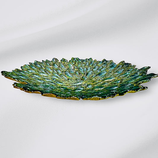 Peacock Design Green Leaf Flat Vase