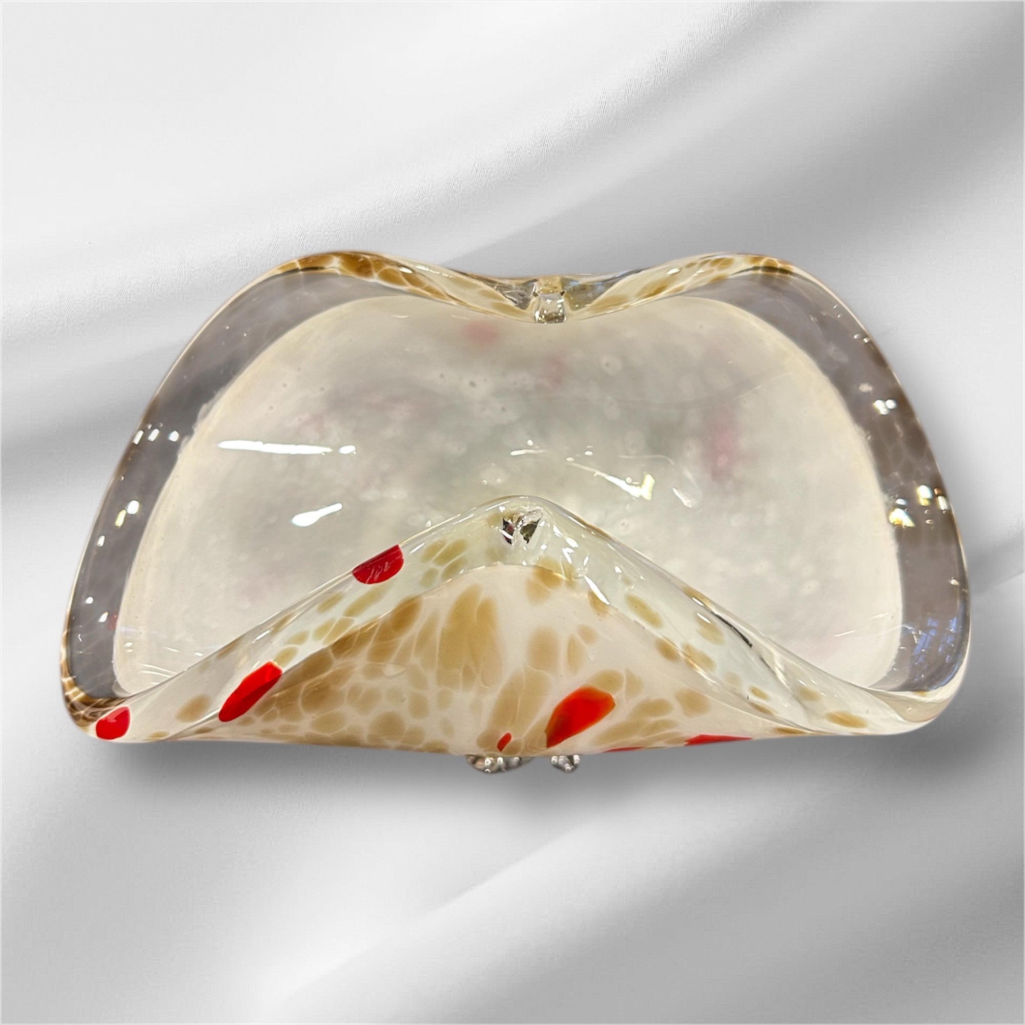 Vintage Art Glass Folded Bowl White Crystal